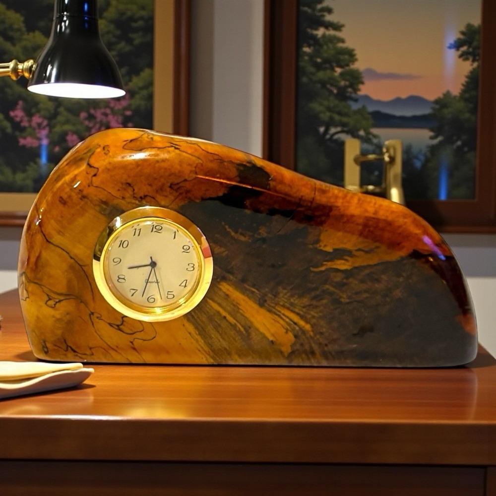 Glen Schaff Signed Burl Wood Desk Clock Handmade Artisan Sculpture Natural Grain